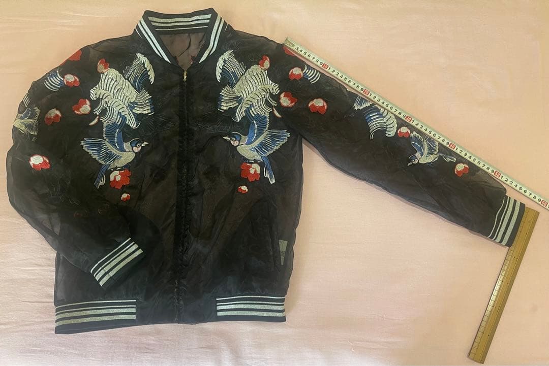 Ochirly(L)透けるスカジャンTATOO柄,春夏軽い,未使用に近い男女兼用