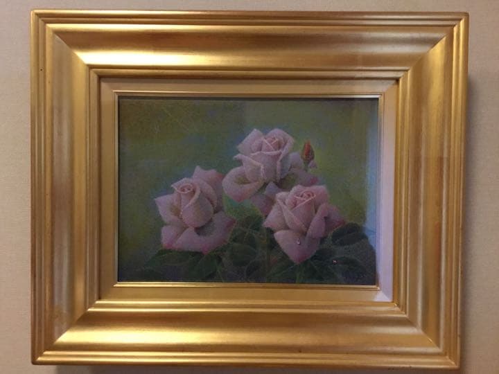 お値下げ　油絵　佐藤哲郎　麗しい薔薇の絵　『爽風』　一滴の雫　美しい点描画　４号