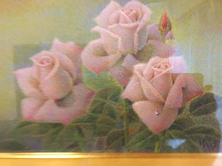 お値下げ　油絵　佐藤哲郎　麗しい薔薇の絵　『爽風』　一滴の雫　美しい点描画　４号