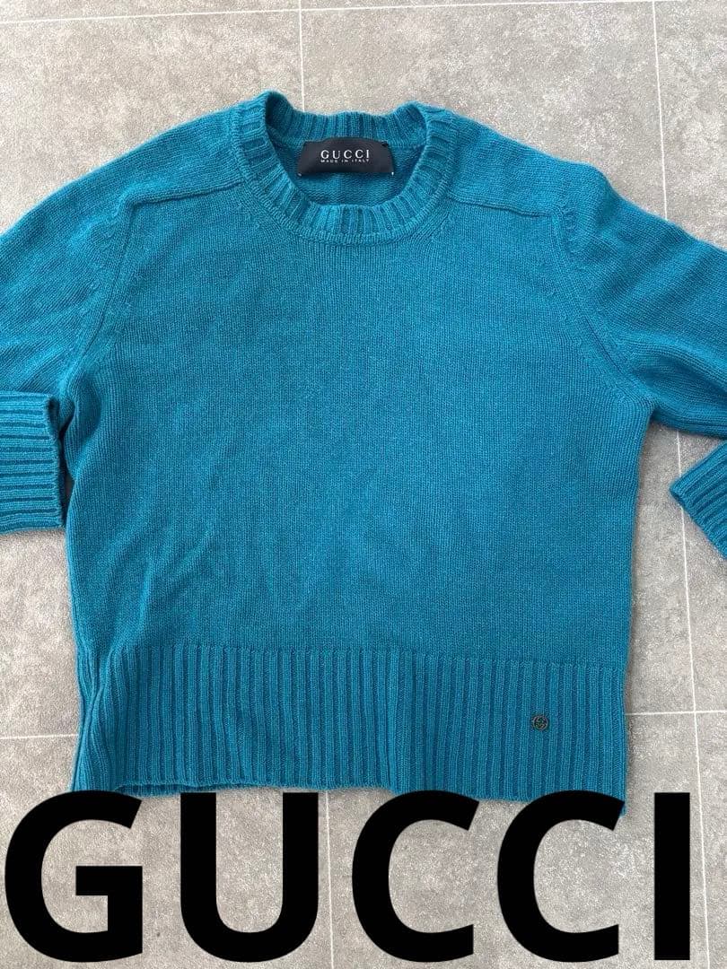 GUCCI ターコイズ クルーネックニット★レディースOK ★GGプレート付き