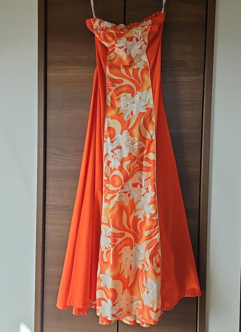 オレンジ 花柄 フラダンスドレス