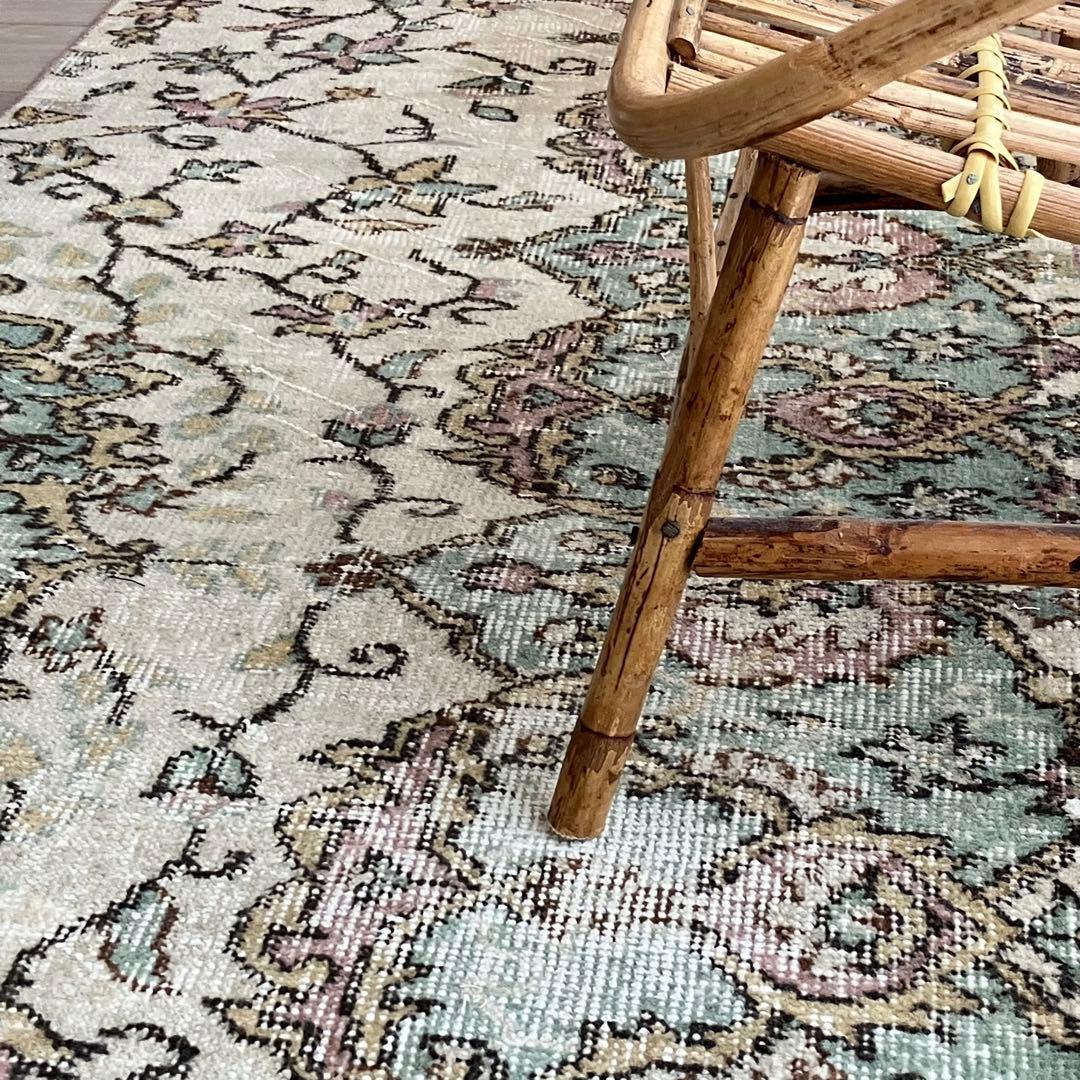 ペパーミントグリーン　ピンクベージュ73×222ランナー　トルコヴィンテージラグ