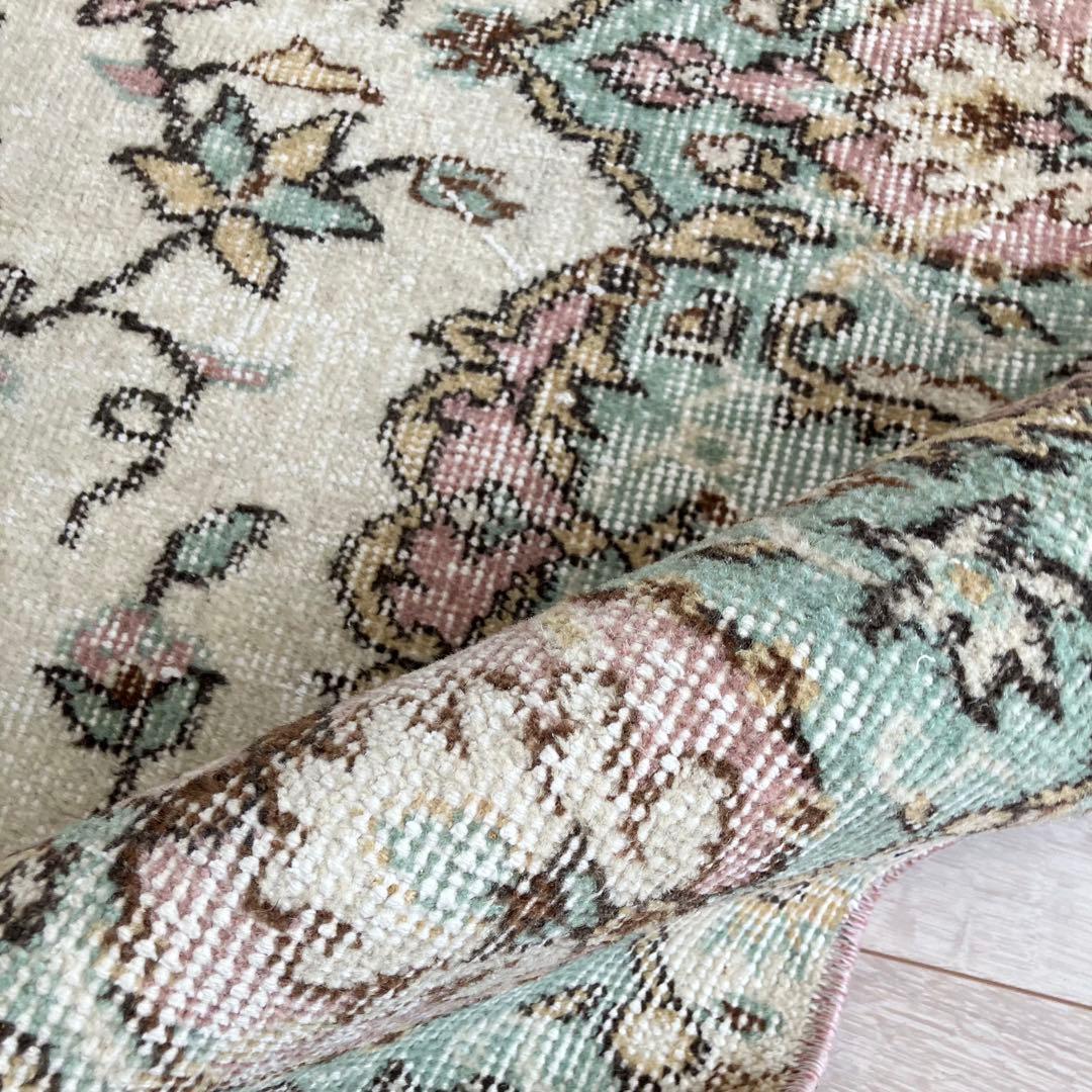 ペパーミントグリーン　ピンクベージュ73×222ランナー　トルコヴィンテージラグ