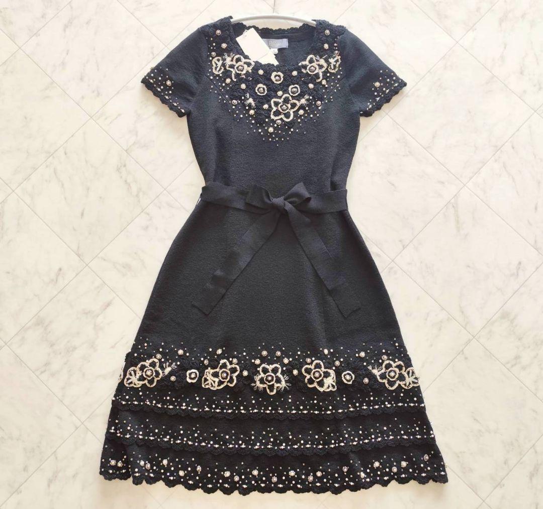 新品 フランコフェラーロ 豪華 フラワー パール 装飾 ニット ワンピース 黒