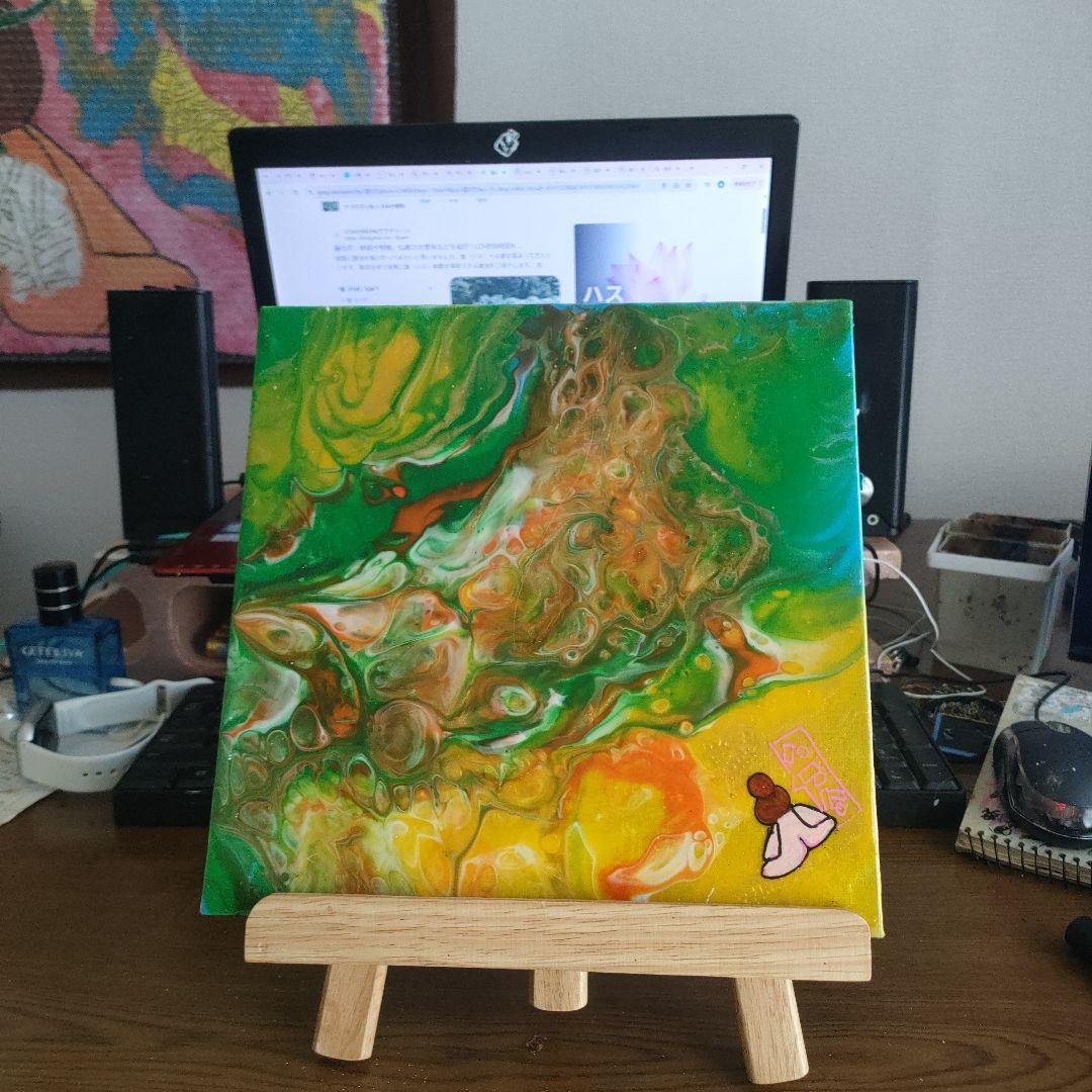 瞑想少女#流体 アクリル絵画 緑とオレンジの抽象