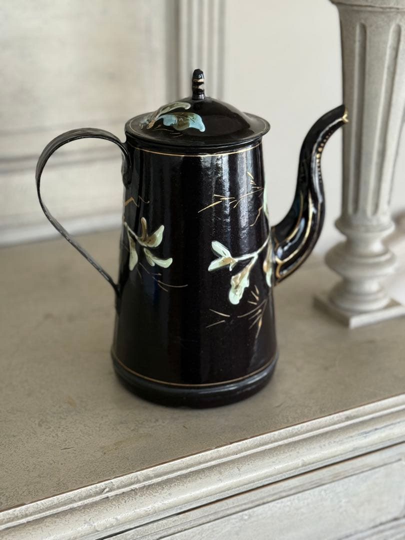 激レアフランスアンティークホーロー黒小鳥とベリー柄バンドペイントのコーヒーポット