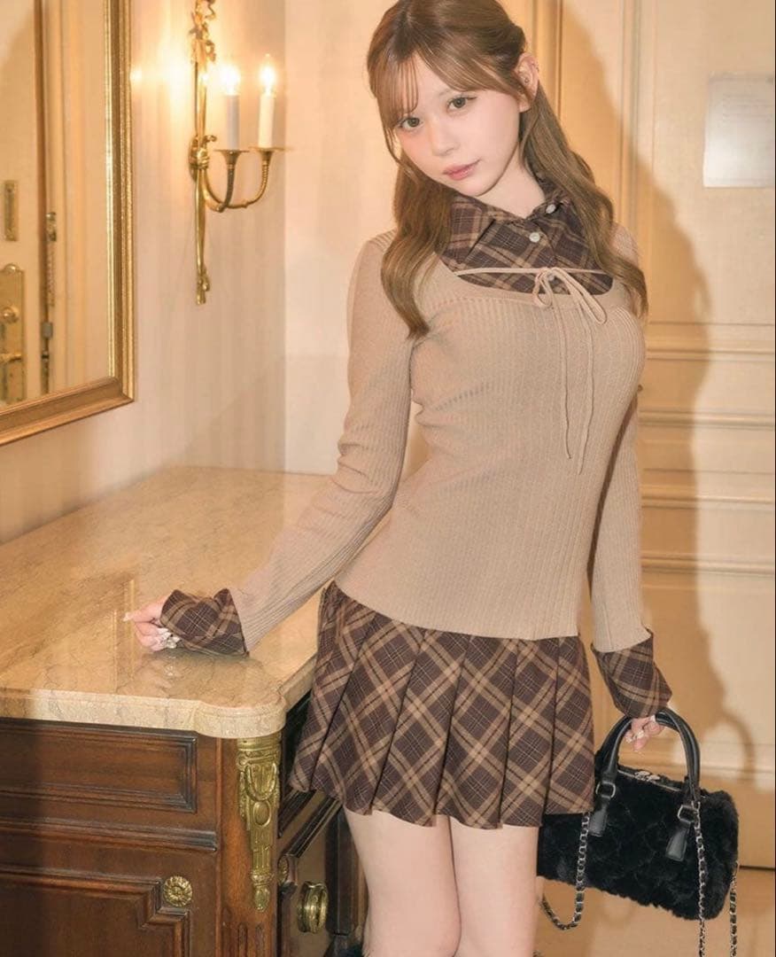 ミシェルマカロン チェックドッキングワンピース　XS