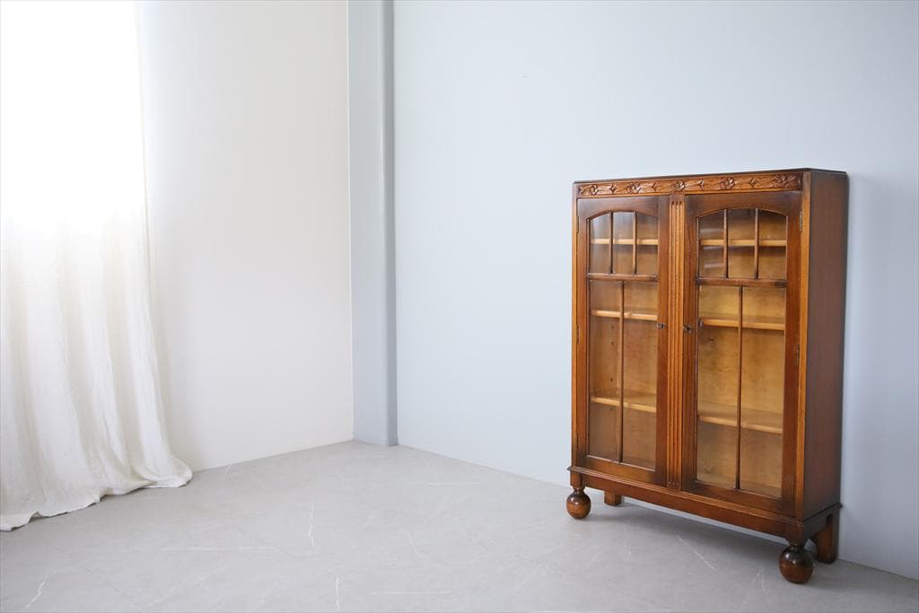 英国アンティーク木製ディスプレイキャビネット/本棚ガラス/飾り棚(89-235)