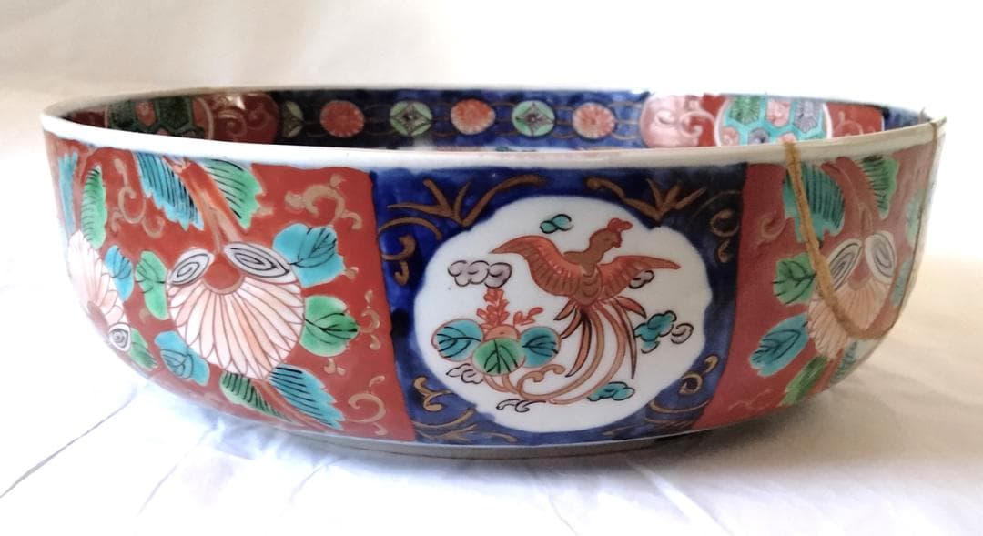 陶器 大深鉢(小) 荒波に獅子・牡丹・鳳凰 色絵 二重鉢揃い Ab-319