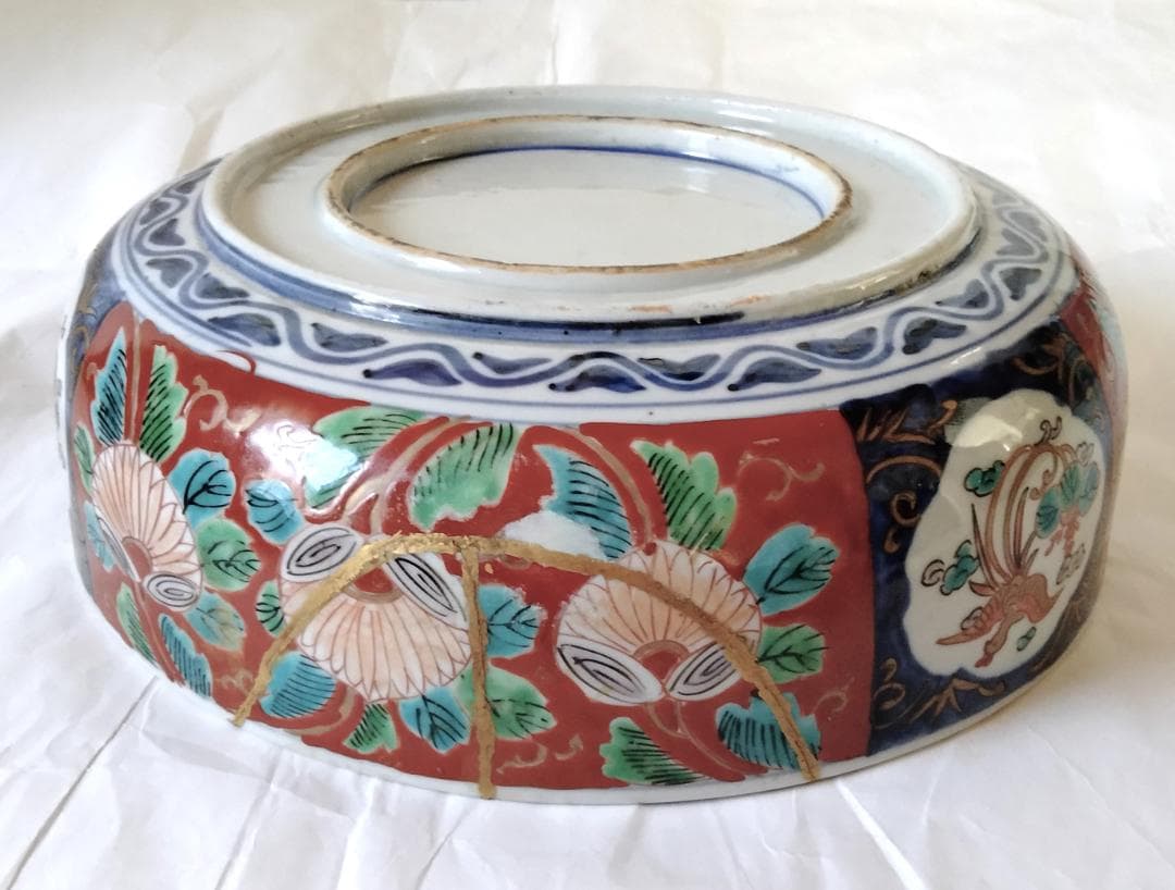 陶器 大深鉢(小) 荒波に獅子・牡丹・鳳凰 色絵 二重鉢揃い Ab-319