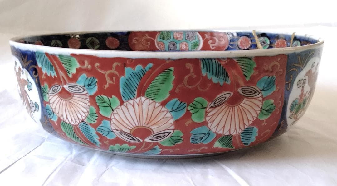 陶器 大深鉢(小) 荒波に獅子・牡丹・鳳凰 色絵 二重鉢揃い Ab-319