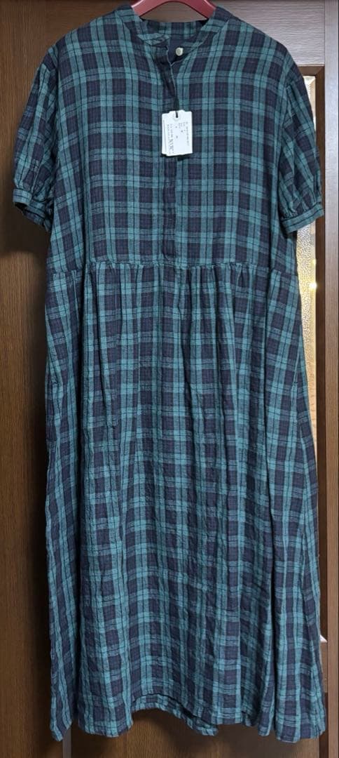 【新品未使用タグ付き】bulle de savon 緑紺チェック半袖ワンピース