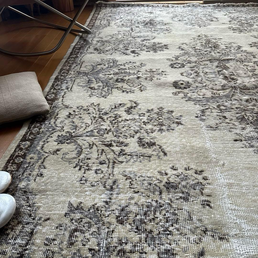 超大判173×272 クリーム×ブルーグレイ×ブラウン　トルコヴィンテージラグ