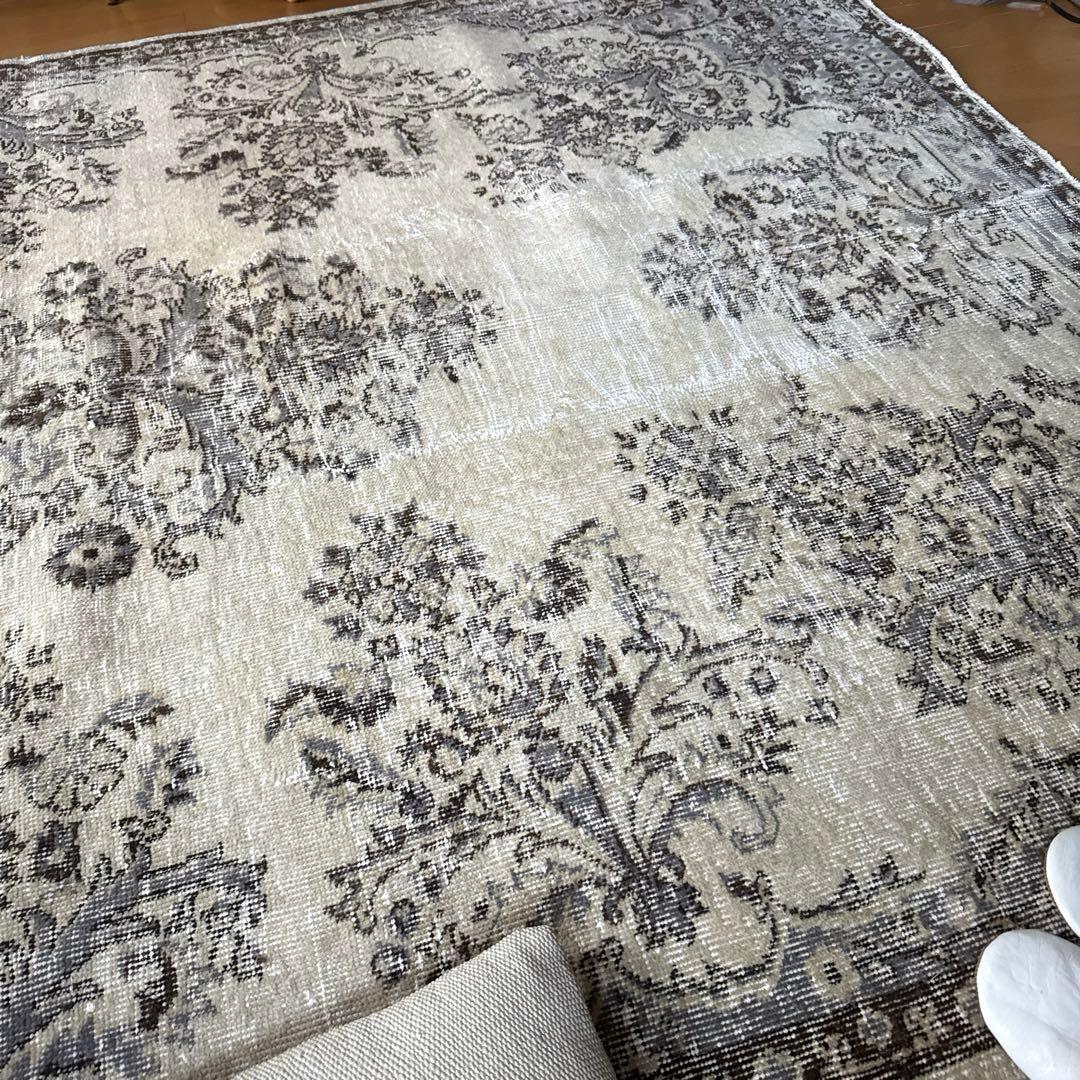 超大判173×272 クリーム×ブルーグレイ×ブラウン　トルコヴィンテージラグ