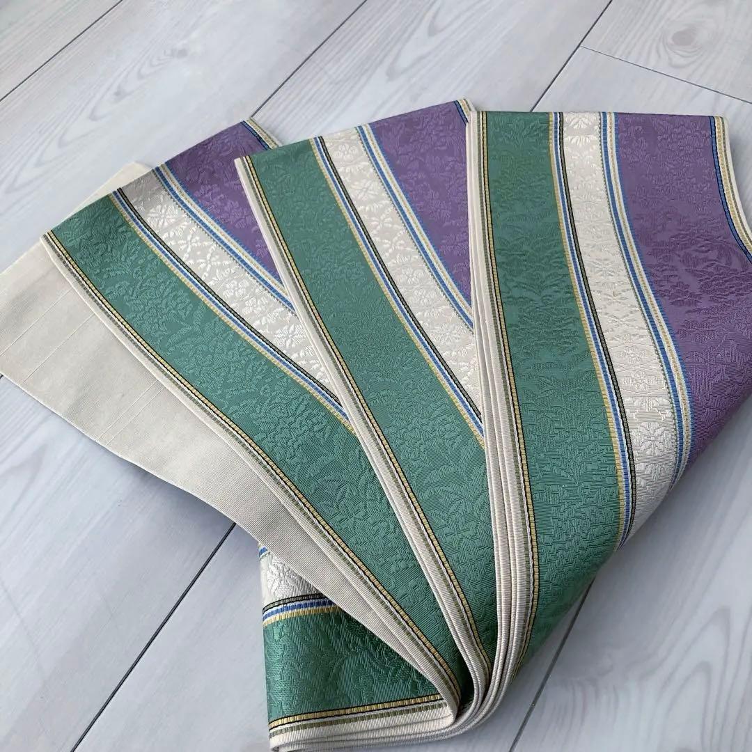 本場筑前博多織　半幅帯　織り出し　花唐草模様　縞模様　正絹　ポケット付No.45