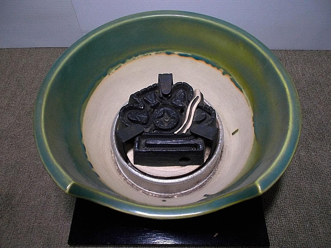 茶道具 織部焼風炉型野々田電熱器 茶釜 動作品 送料込み