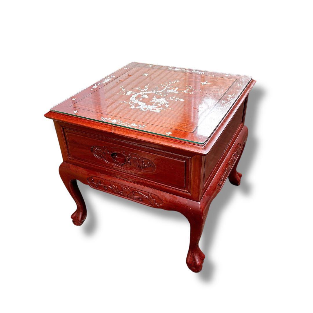 アンティーク 猫脚 螺鈿細工 木製 サイドテーブル 花鳥図 引き出し付き 赤茶