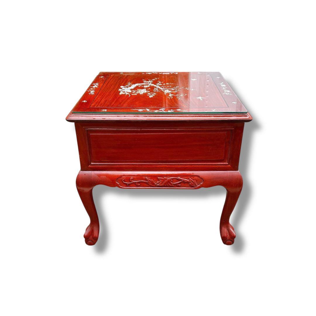 アンティーク 猫脚 螺鈿細工 木製 サイドテーブル 花鳥図 引き出し付き 赤茶