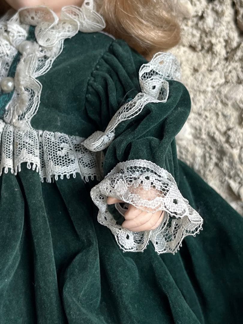 ◆フランスアンティーク陶器ビスクドール、中世ドレス、レースフリルブルーアイ金髪