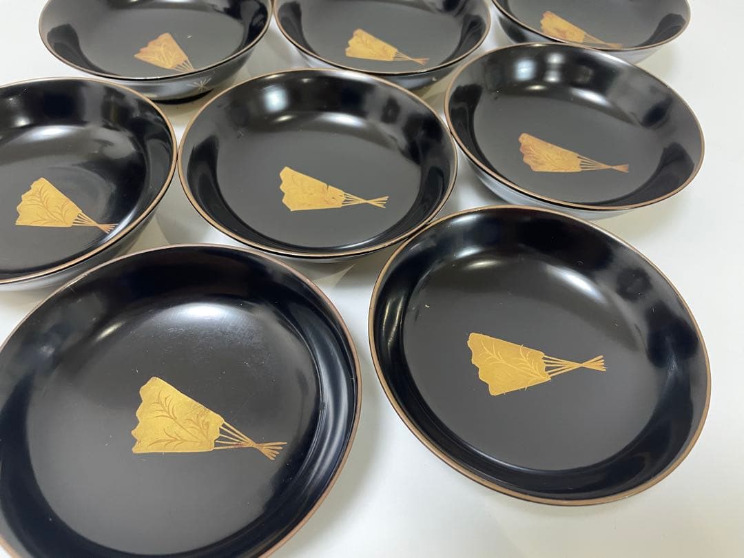 漆器 輪島塗 金蒔絵 扇柄 黒 内黒 吸物 割烹 蓋付き10客個 お煮物椀
