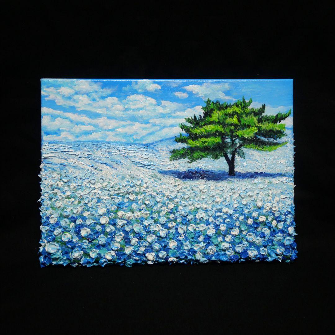 油絵 油彩 油彩画 絵 絵画 【青空のネモフィラの丘】F4号