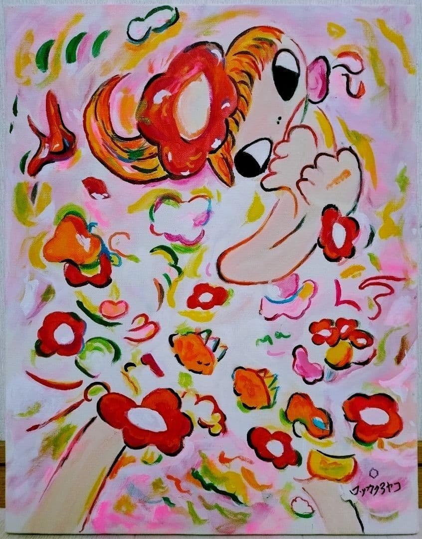 【F6号】ロッカクアヤコ　肉筆保証/表裏サイン/アクリル/油彩/絵画/額装/額縁