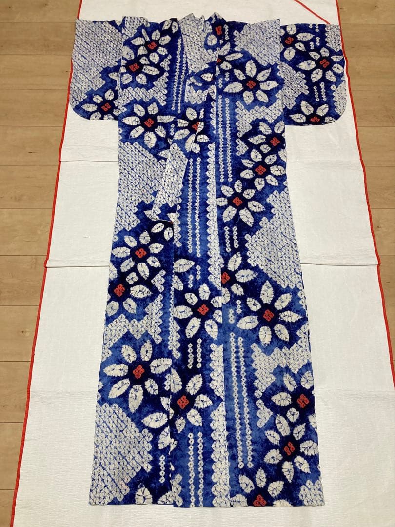 浴衣　有松鳴海絞り　縞と鉄線　裄68.5cm