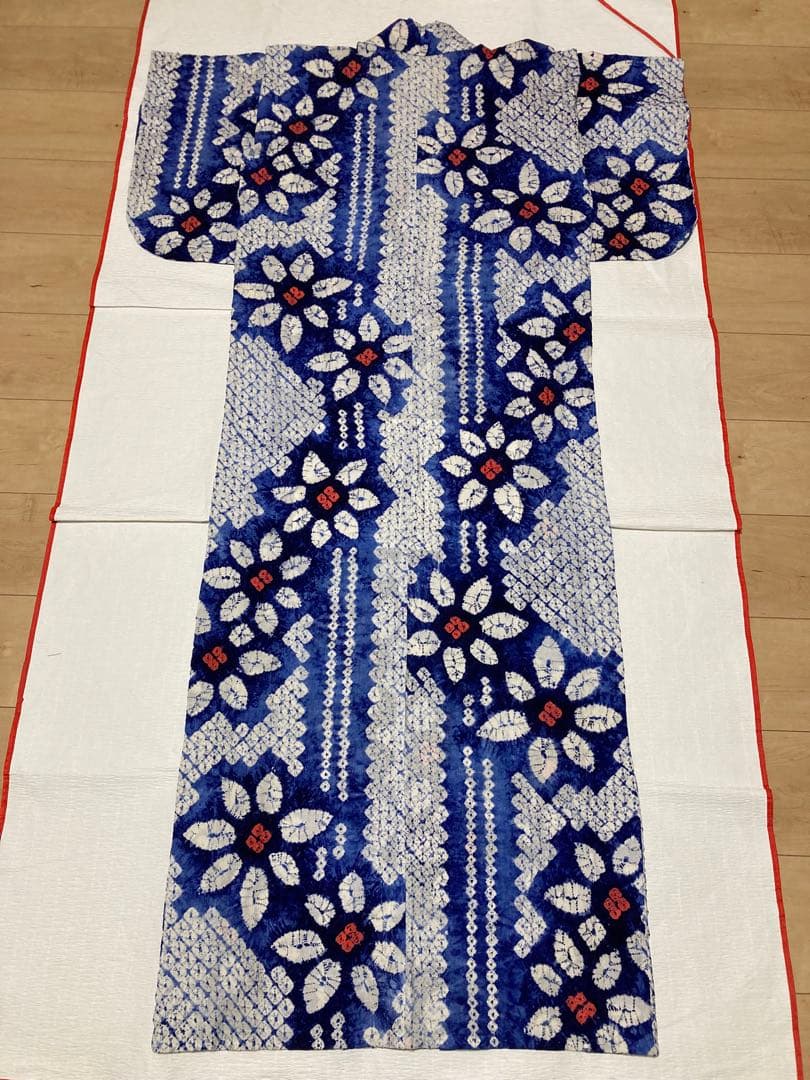 浴衣　有松鳴海絞り　縞と鉄線　裄68.5cm