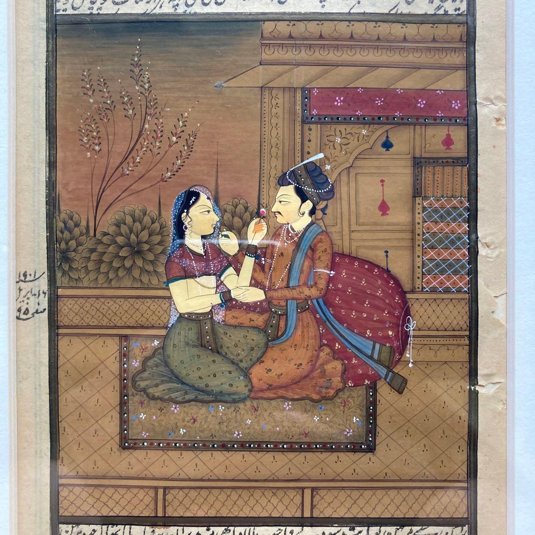 ヴィンテージ　インド　古い細密画　書き込みの良し額42×33絵22.5×13cm