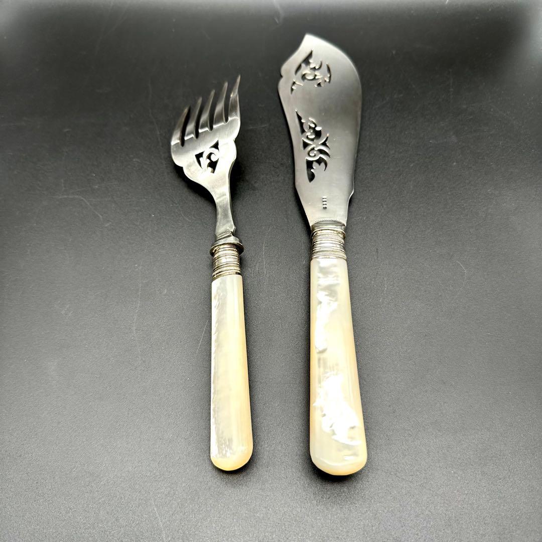 【セール】純銀継手 白蝶貝マザーオブパールハンドル サービングナイフ&フォーク