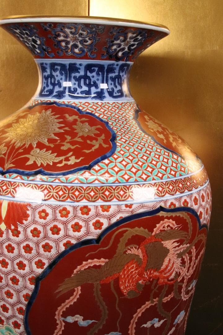 BE688　有田焼 松右衛門 作　染錦鳳凰　花瓶　花入　大型　高さ74㎝　共箱