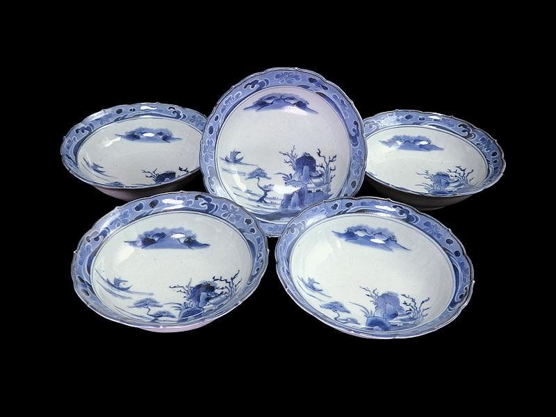 古伊万里　染付　墨弾　桜花に波　楼閣山水図　膾皿　５客　A634AS-CVz