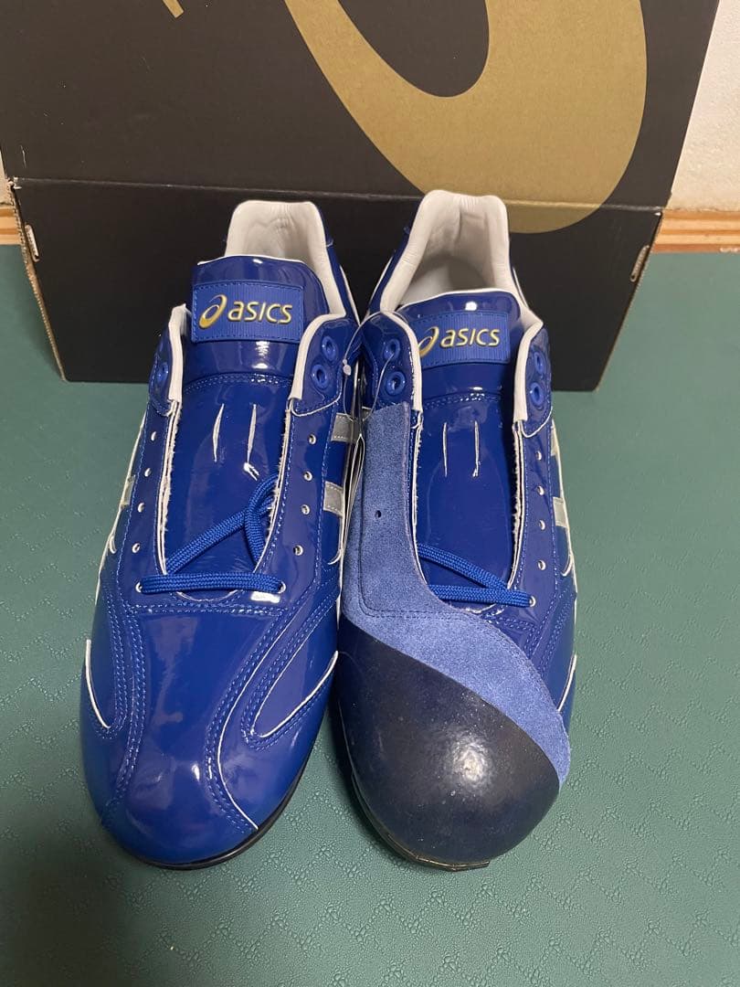 元中日ドラゴンズ　松田亘哲選手　asics 青 スパイクシューズ ハイカット