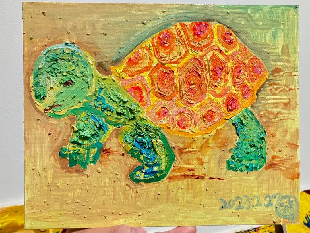 亀　油絵　原画　絵　動物　インテリア　絵画　アート　かわいい　おしゃれ　カラフル