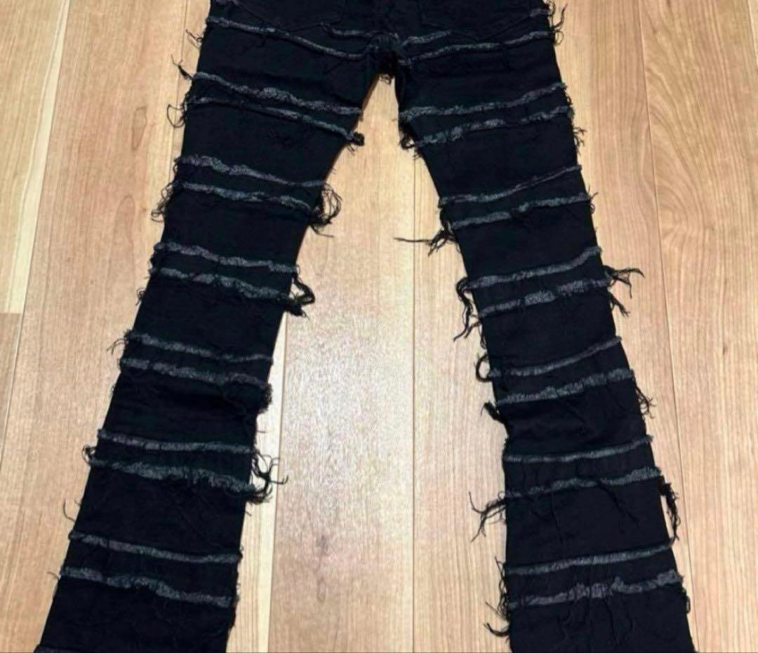 mnml28フリンジデザイン ブラックデニムパンツ