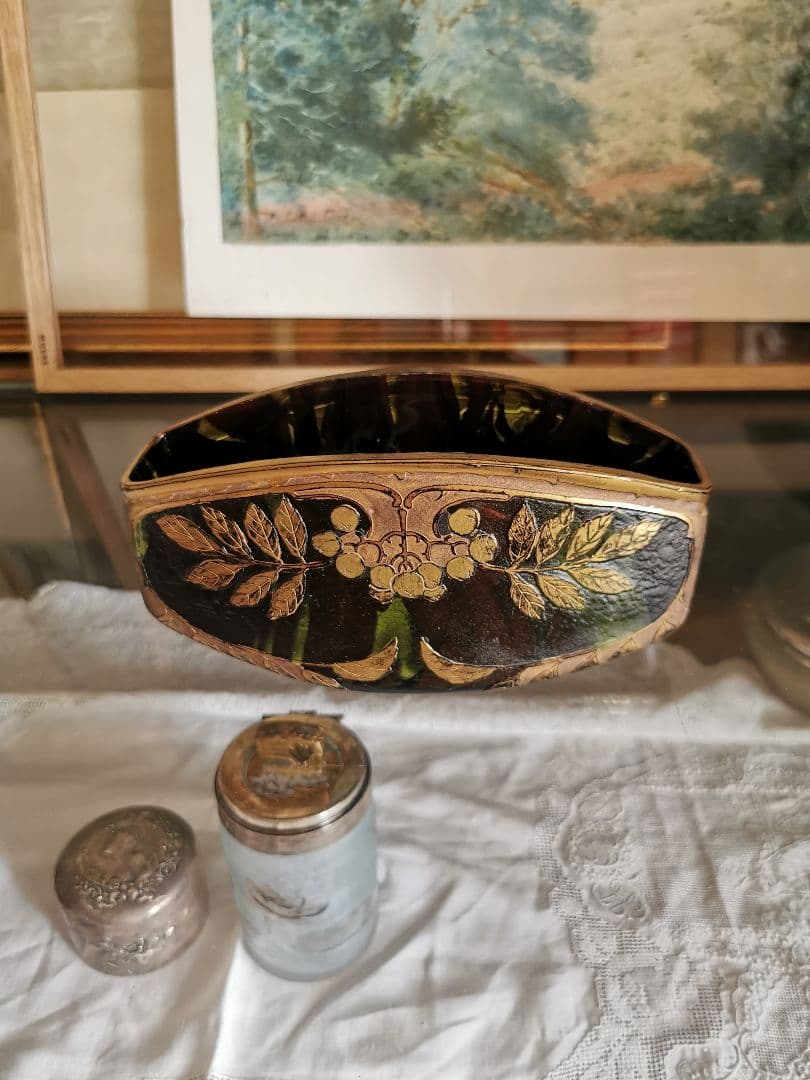 アンティーク ドームナンシー 透明緑ボルドー赤ガラス 葡萄紋金彩装飾器スタンド