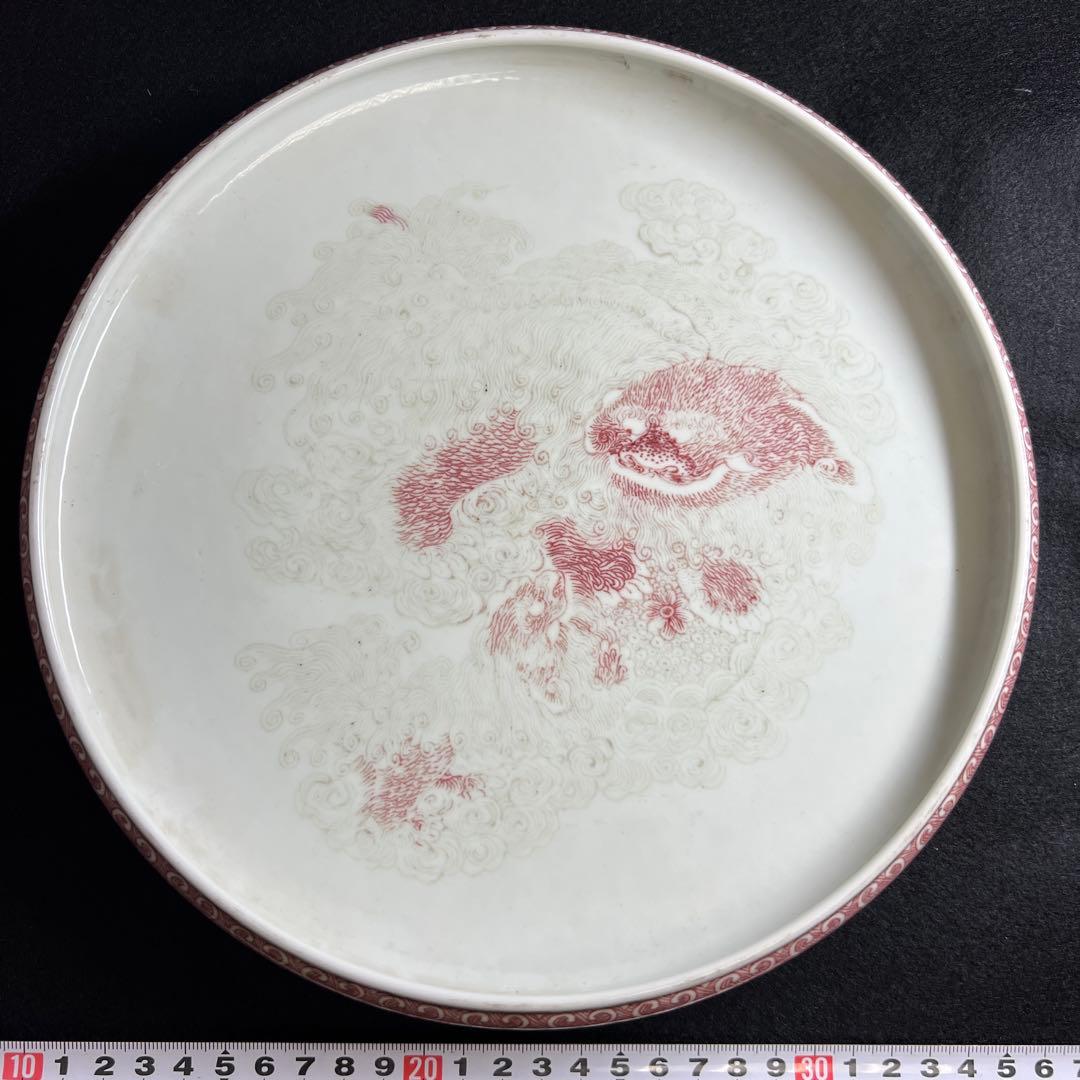 中国清時代　釉裏紅獅子図大鉢　幅約26㎝　東Y8-0203☆2Fトコサ