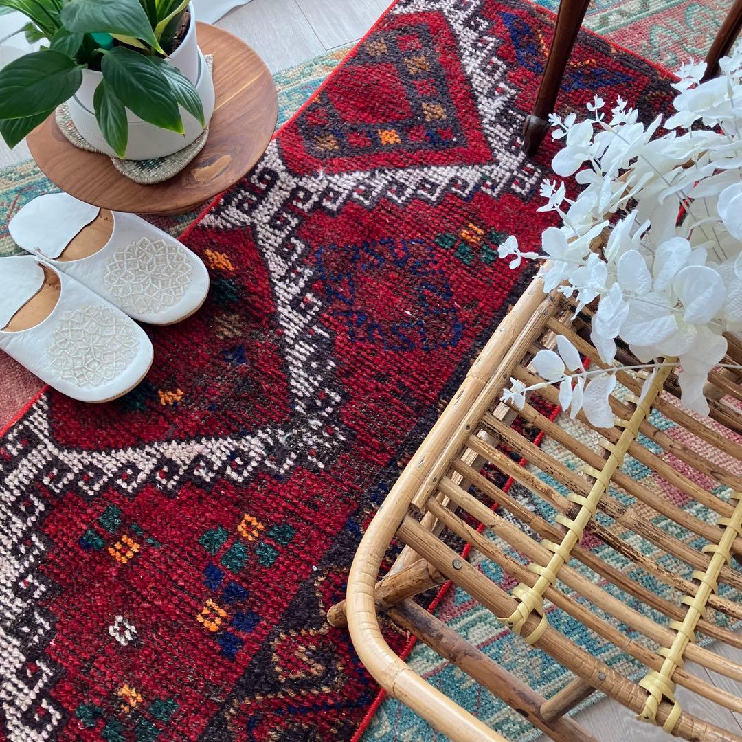 温かざっくり編み✳︎クリスマスレッド　　ロング　ランナー　トルコヴィンテージラグ