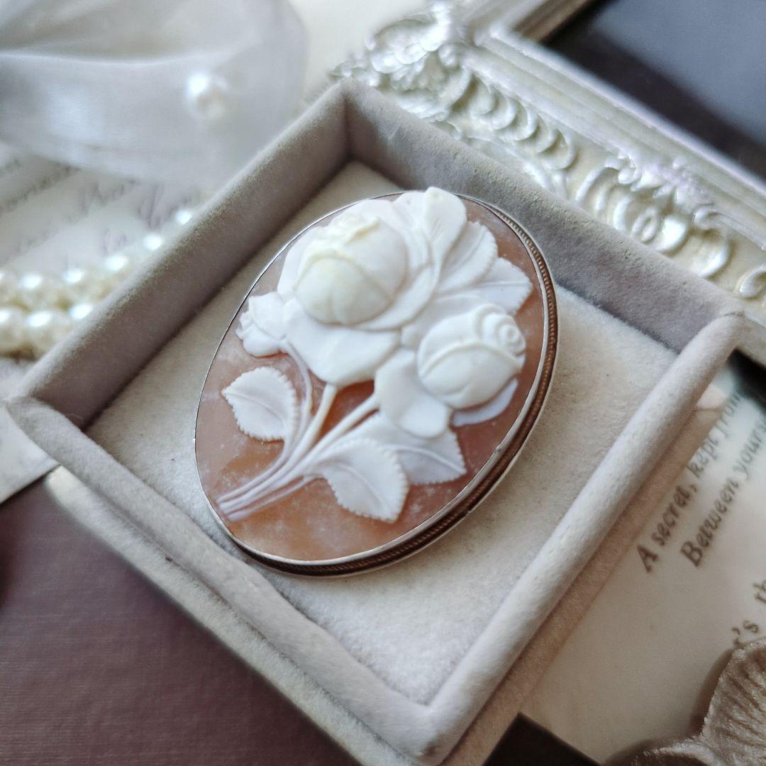 ITALY SILVER900 シェルカメオ ローズ ブローチ ペンダント 薔薇
