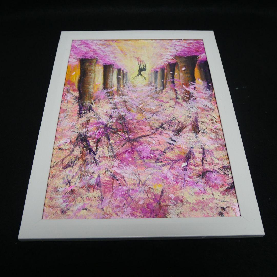 油絵 油彩 油彩画 絵 絵画【春景色の中で桜に立つ鹿】