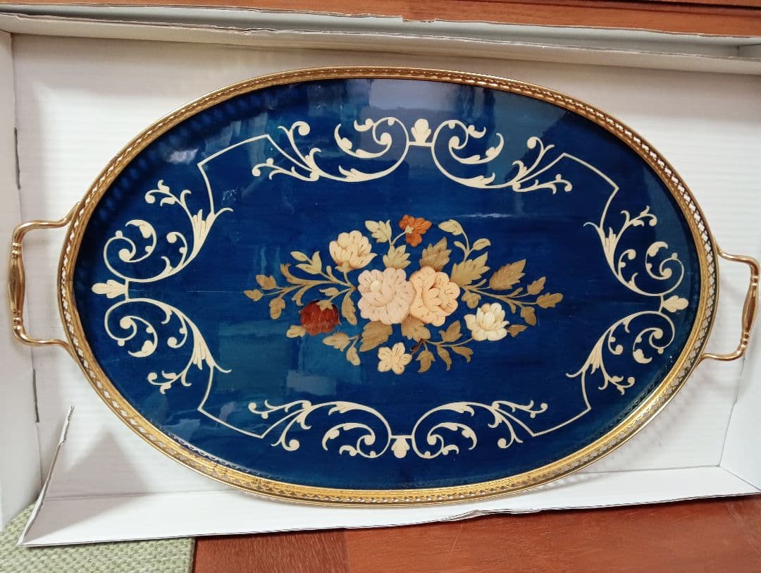 青い花柄の楕円形アンティークレトロトレイ おぼん