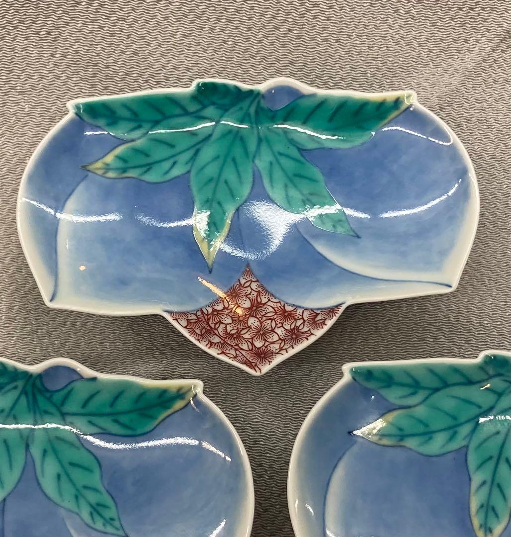 B100s  今泉今右衛門「色絵双桃変形小皿  5枚」  鍋島焼　箱無し　有田焼