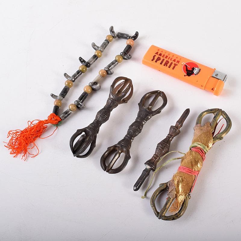 チベット密教法具　古銅　独鈷杵　三鈷杵　五鈷杵　玉石数珠　5点　G　R7765