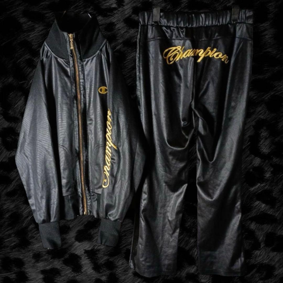 Champion レザー風 金黒 ジャージ セットアップ ロゴ 刺繍 お兄系