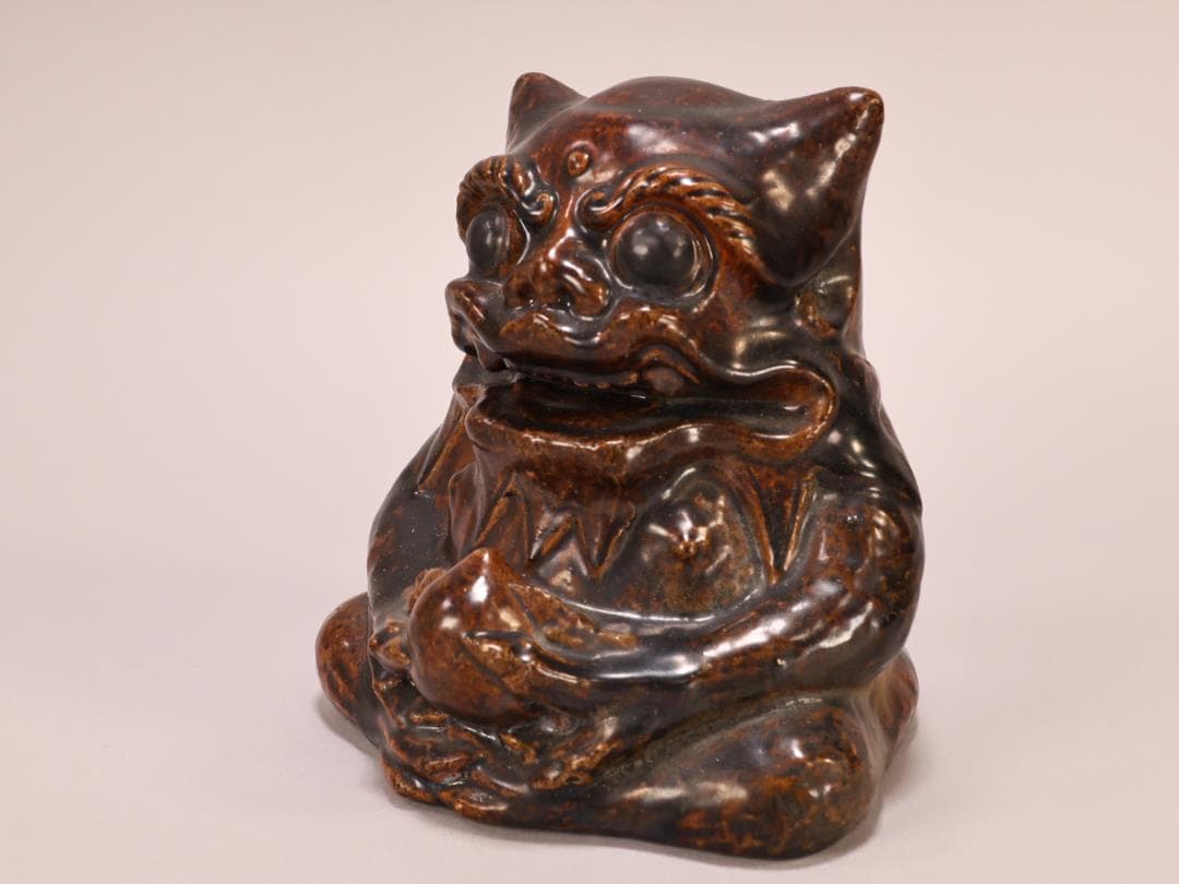 BK400　江戸期　古瀬戸焼　在銘あり　飴釉薬　鬼置物　魔除　風水