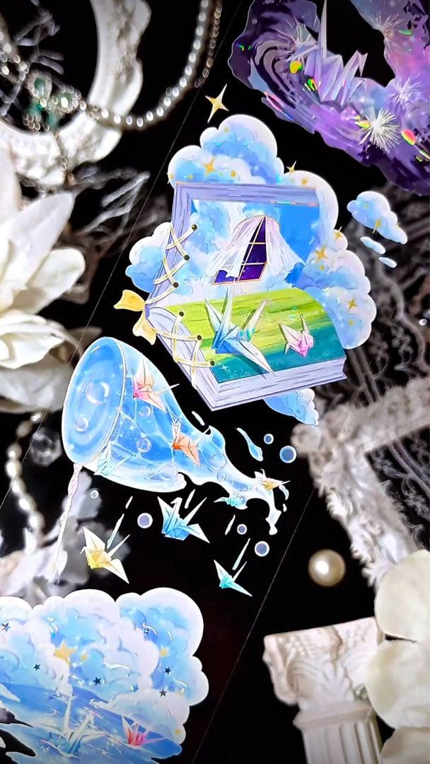 【8901】海外　マステ　3/5/巻　貝殻光マスキングテープ　虹　空　折り鶴