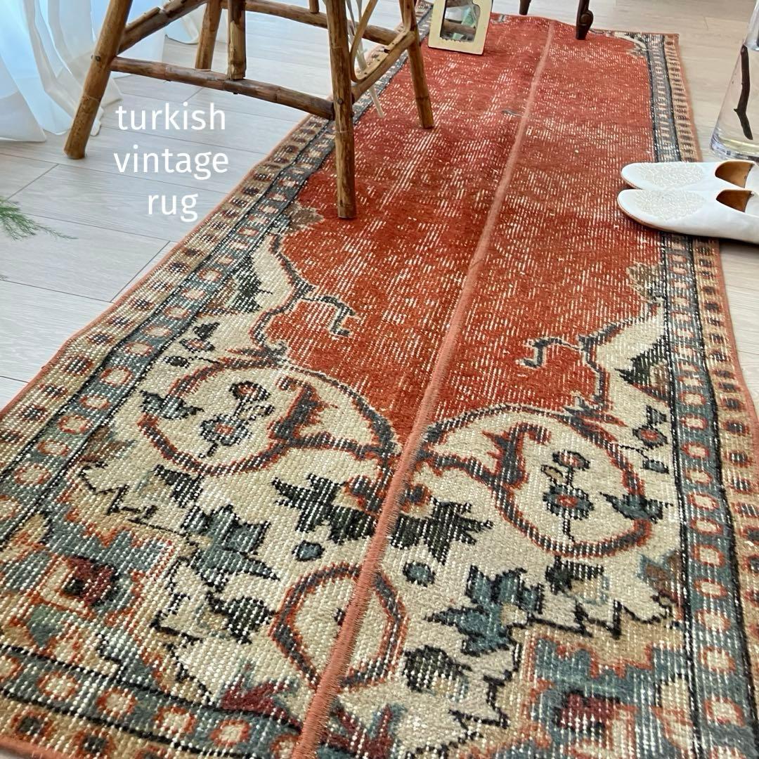 オレンジ✳︎65×187 ブルー　パッチワークランナー　トルコヴィンテージラグ