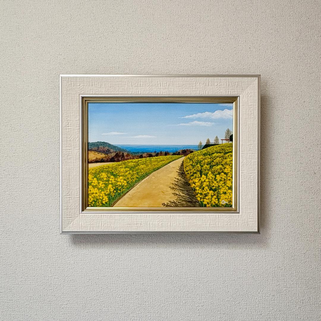 アクリル画　原画　「なの花の咲く丘」額縁付　F4サイズ　キャンバス