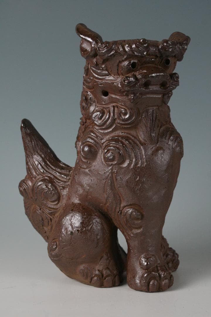 人間国宝一門　金城敏徳 作　南蛮焼〆立シーサー（大）1対