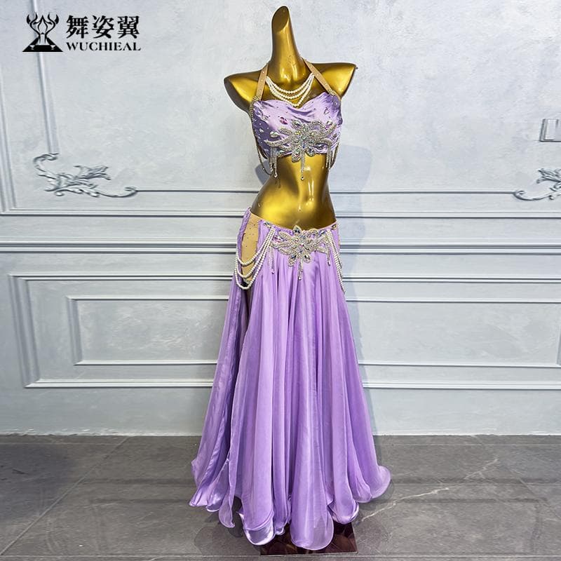 新品未使用 ベリーダンス衣装 高級舞台用 紫ロングスカートセット